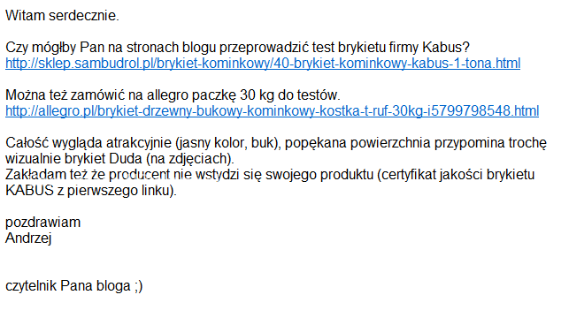 prośba czytelnika brykiet KABUS