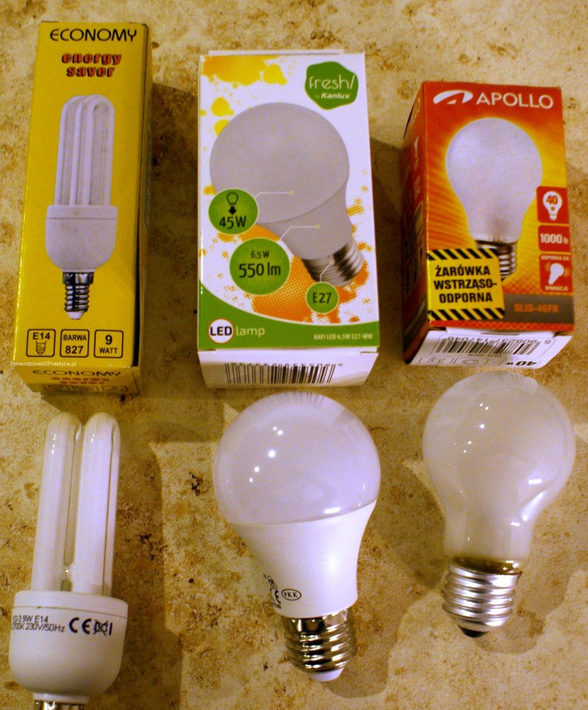 trzy żarówki, które opisuję