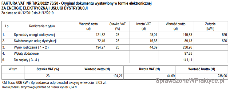 Faktura energia elektryczna grudzień 2019