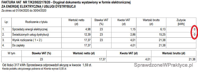 Faktura energia elektryczna kwiecień 2020