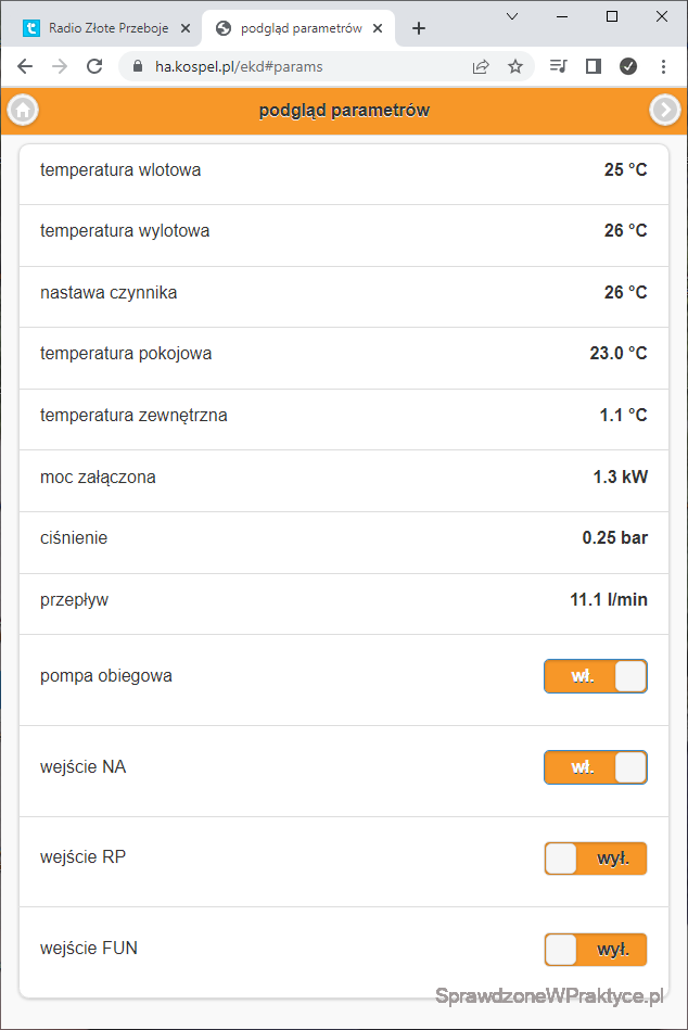Podgląd parametrów Kospel środa 23.11